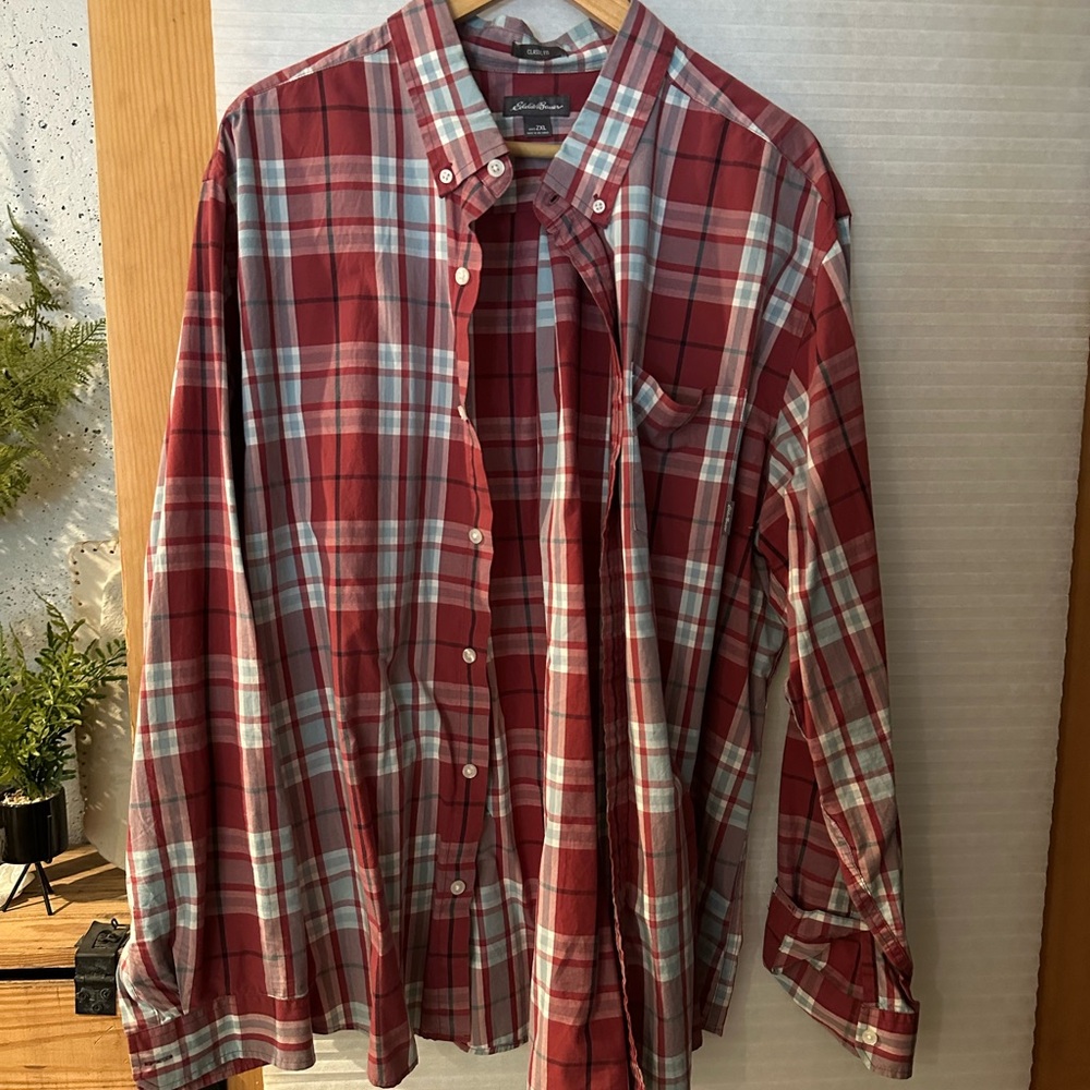Eddie Bauer Men's Red and White Plaid Shirt